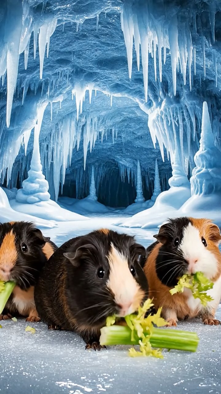 1966. Photorealistic scene of 4 smooth-haired Texel guinea pigs featuring black, brown, and cream coats, chewing on celery bunches, within a frozen cavern with stalactites.