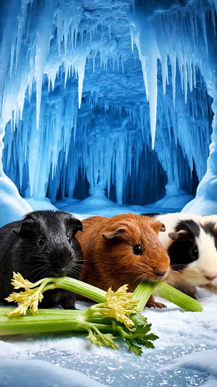 1966. Photorealistic scene of 4 smooth-haired Texel guinea pigs featuring black, brown, and cream coats, chewing on celery bunches, within a frozen cavern with stalactites.