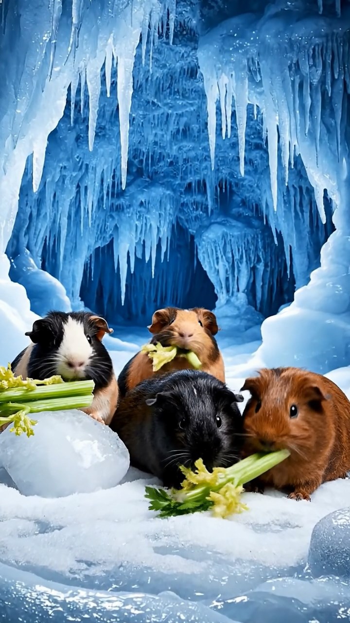 1966. Photorealistic scene of 4 smooth-haired Texel guinea pigs featuring black, brown, and cream coats, chewing on celery bunches, within a frozen cavern with stalactites.