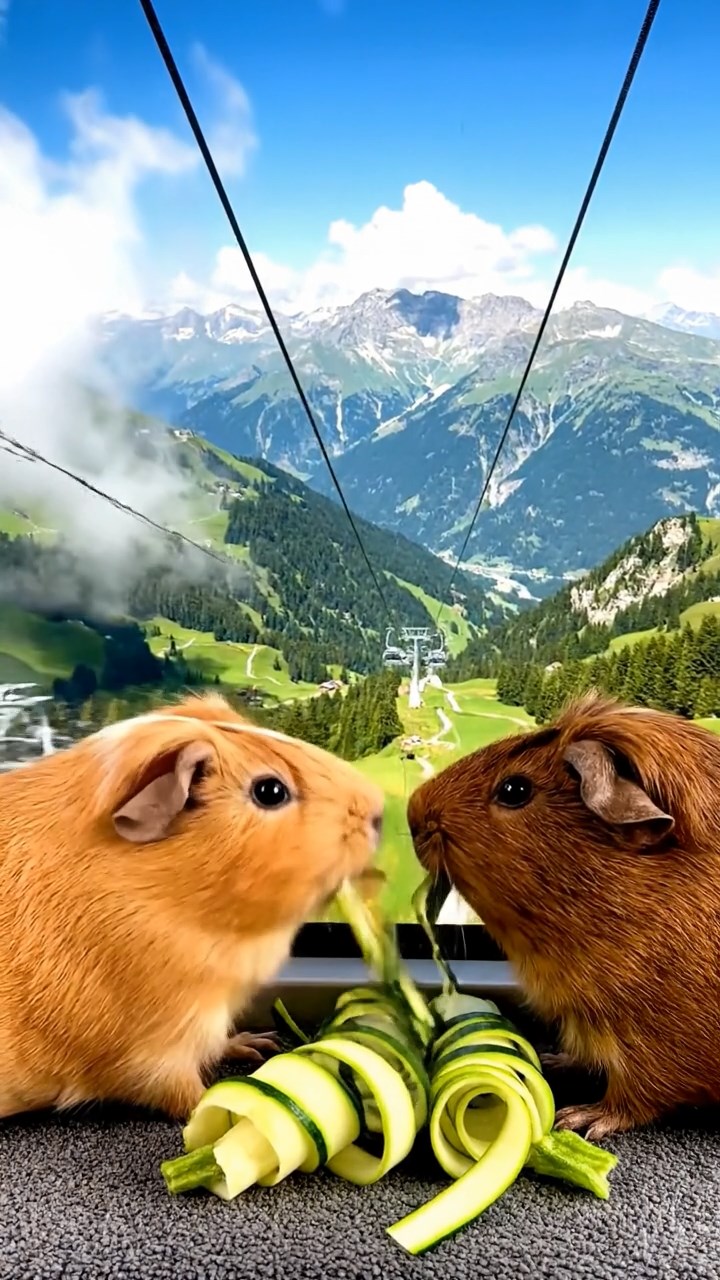 1967. Realistic photo of 2 smooth-haired Rex guinea pigs with fawn and chocolate fur, sharing zucchini spirals, in a aerial lift cabin with views.