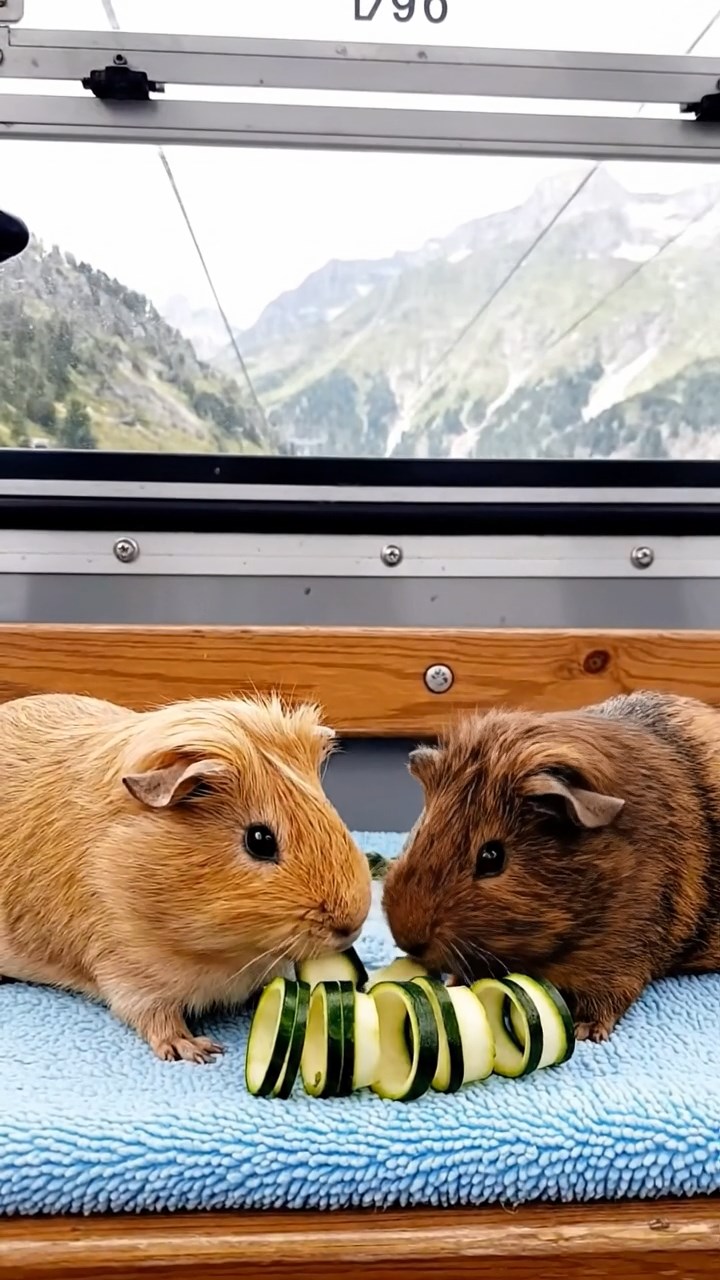 1967. Realistic photo of 2 smooth-haired Rex guinea pigs with fawn and chocolate fur, sharing zucchini spirals, in a aerial lift cabin with views.