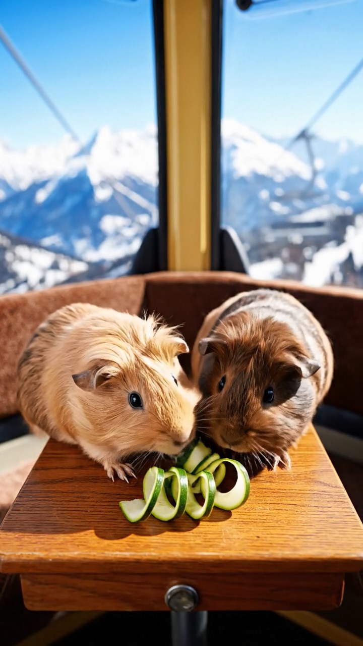1967. Realistic photo of 2 smooth-haired Rex guinea pigs with fawn and chocolate fur, sharing zucchini spirals, in a aerial lift cabin with views.