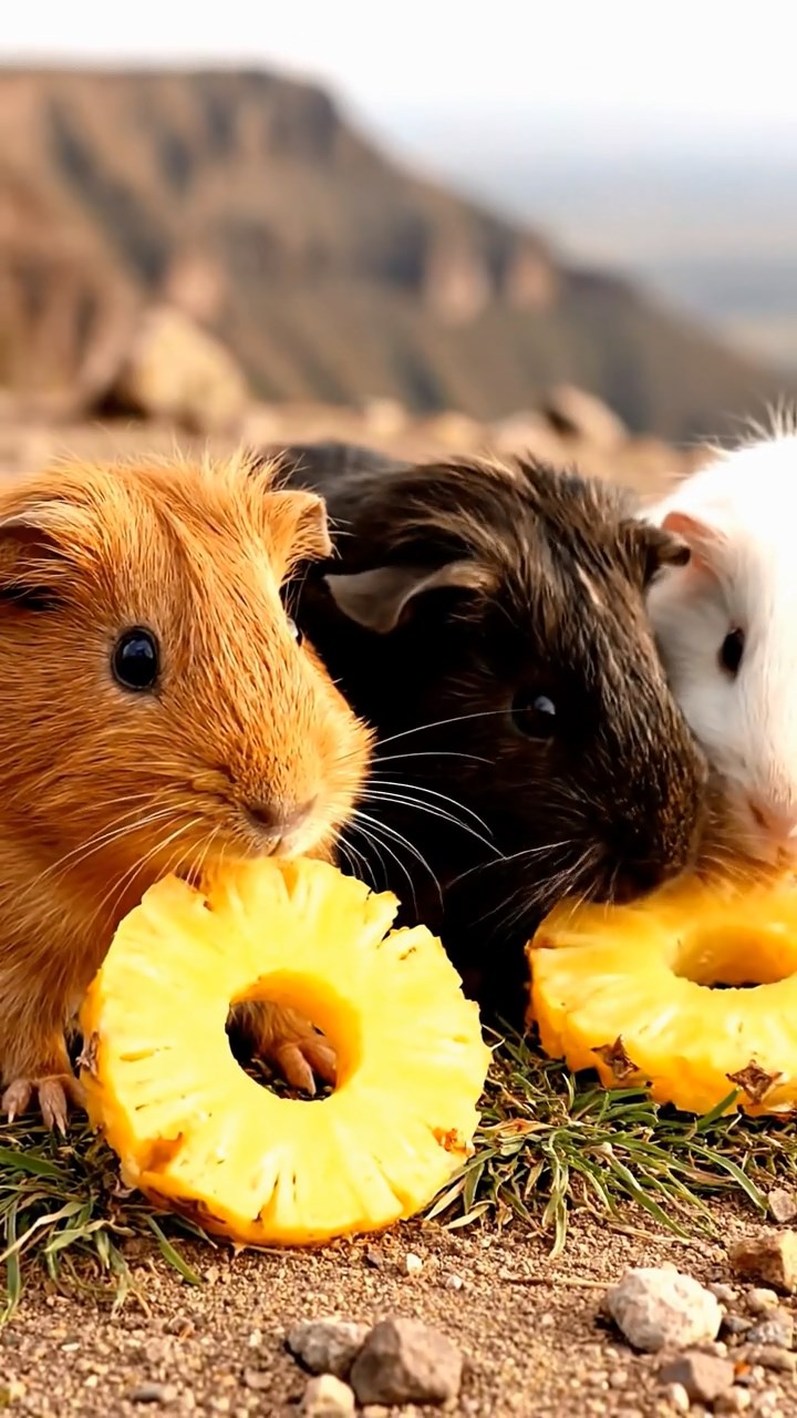 1968. Highly detailed view of 3 smooth-haired Coronet guinea pigs in cinnamon, sable, and white colors, munching on pineapple rings, near a crater rim overlook.
