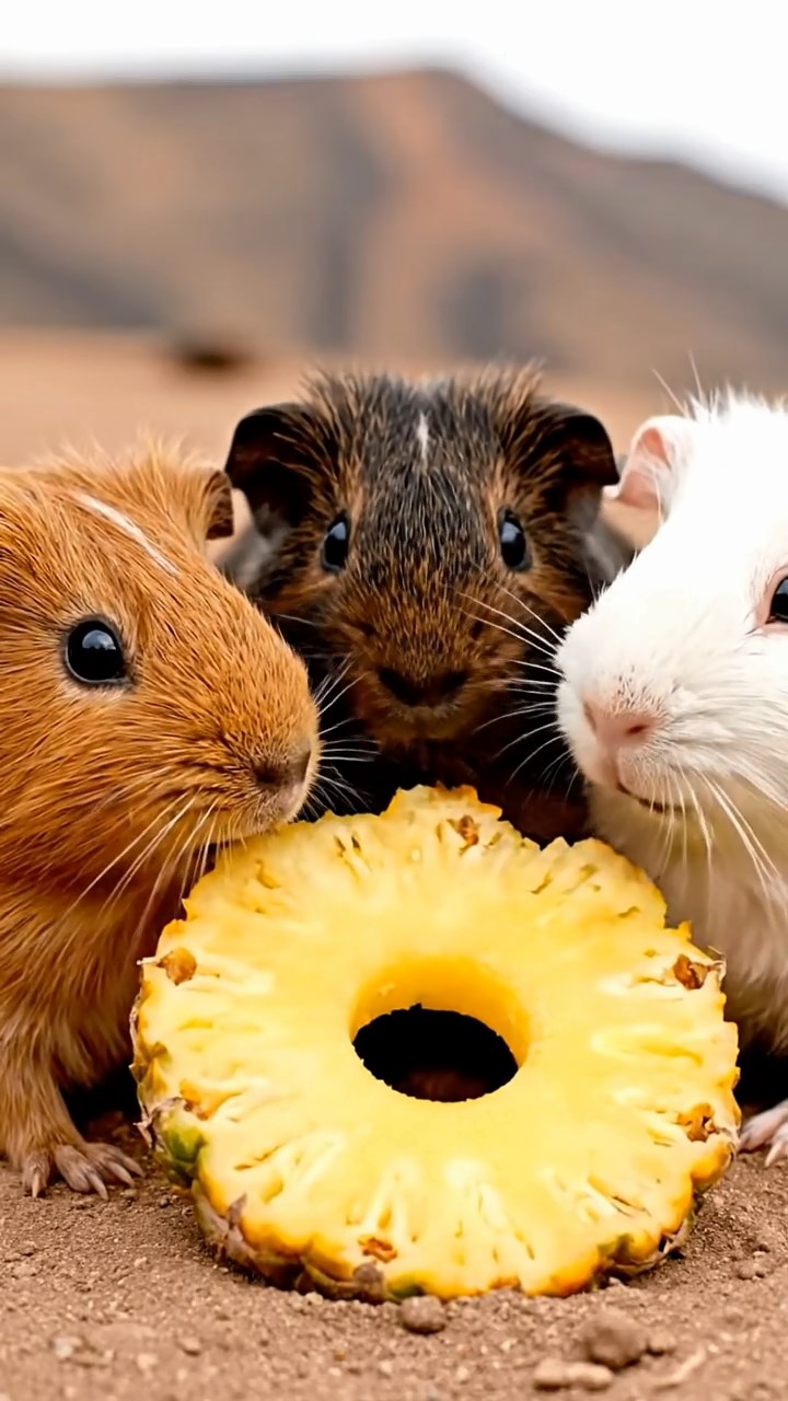 1968. Highly detailed view of 3 smooth-haired Coronet guinea pigs in cinnamon, sable, and white colors, munching on pineapple rings, near a crater rim overlook.