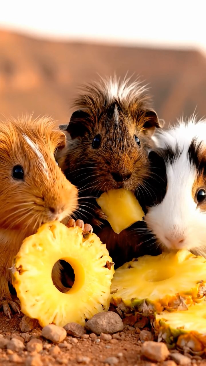 1968. Highly detailed view of 3 smooth-haired Coronet guinea pigs in cinnamon, sable, and white colors, munching on pineapple rings, near a crater rim overlook.
