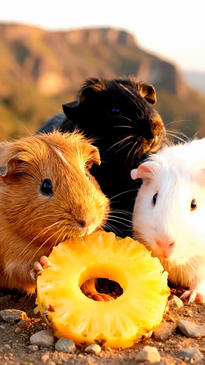 1968. Highly detailed view of 3 smooth-haired Coronet guinea pigs in cinnamon, sable, and white colors, munching on pineapple rings, near a crater rim overlook.