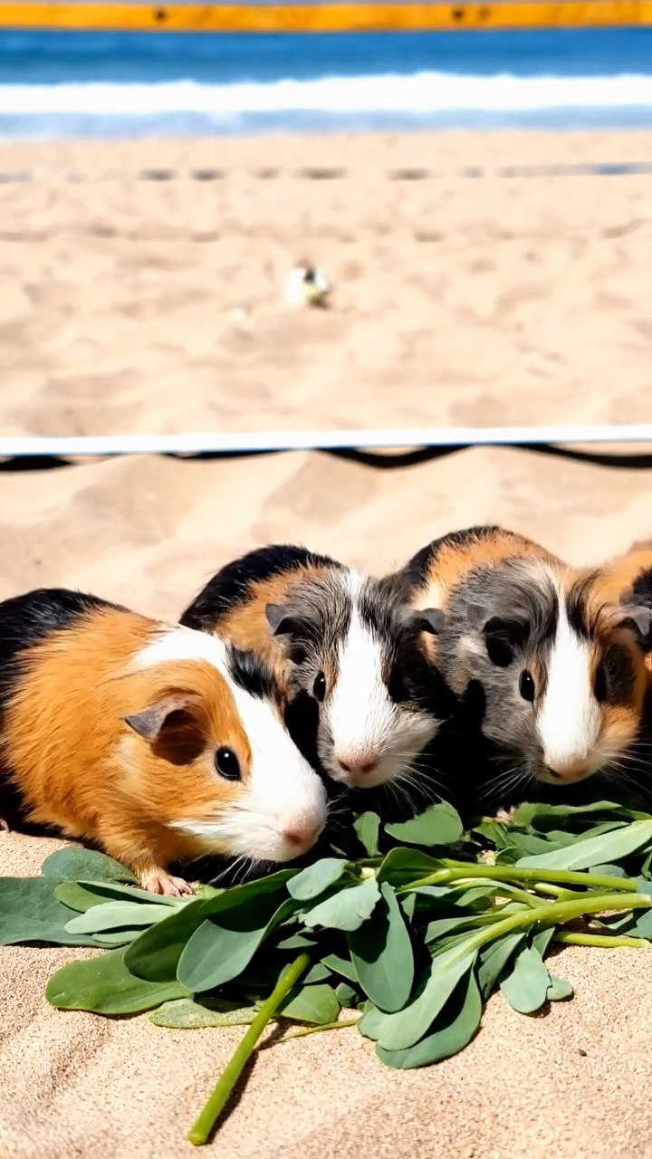 1969. Photorealistic image of 5 smooth-haired White Crested guinea pigs with orange, gray, and black fur, eating alfalfa leaves, on a beach sports court.