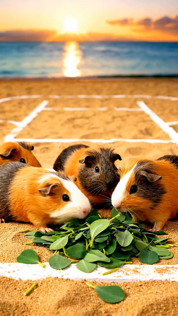 1969. Photorealistic image of 5 smooth-haired White Crested guinea pigs with orange, gray, and black fur, eating alfalfa leaves, on a beach sports court.