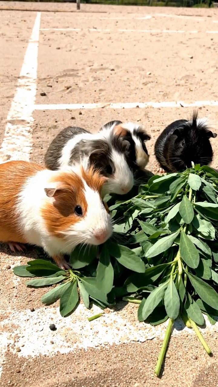 1969. Photorealistic image of 5 smooth-haired White Crested guinea pigs with orange, gray, and black fur, eating alfalfa leaves, on a beach sports court.