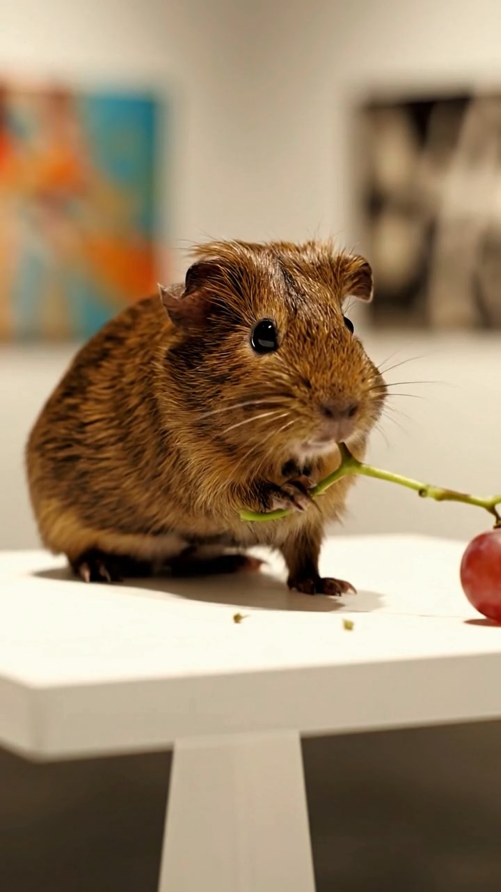 1970. Realistic depiction of 1 smooth-haired Skinny guinea pig with brown fur, nibbling on grape stems, atop a gallery art stand.