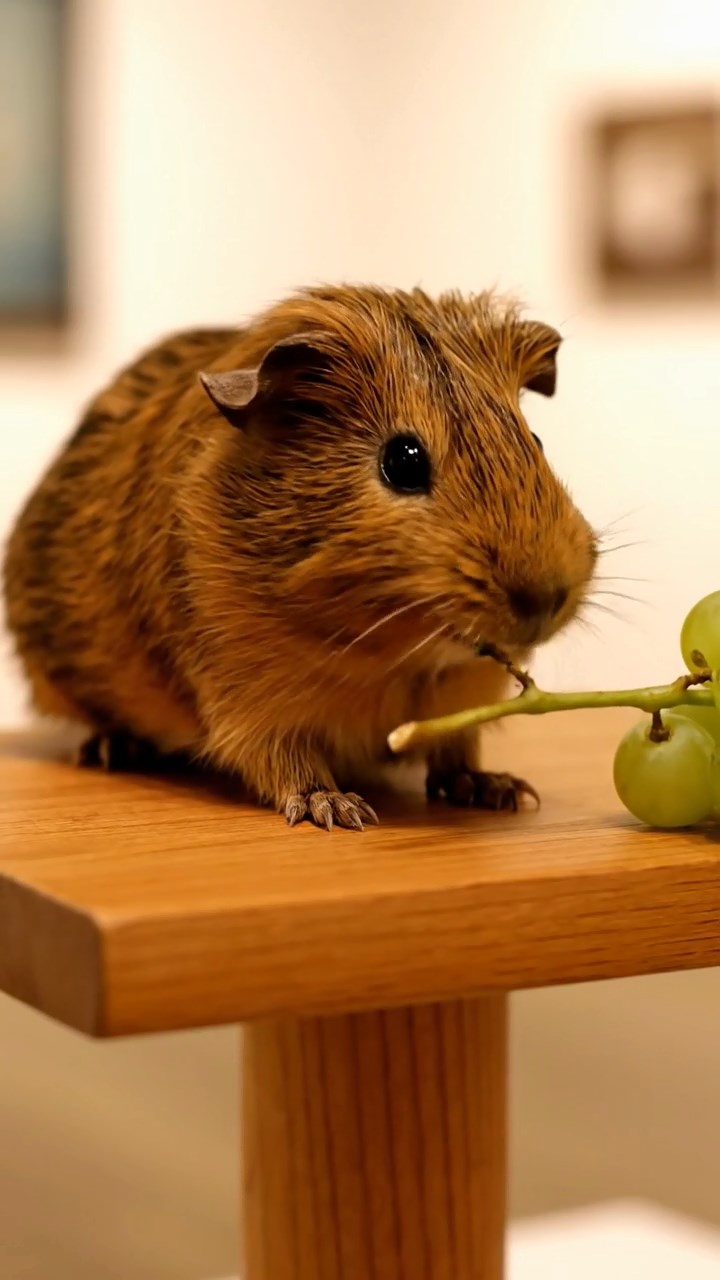 1970. Realistic depiction of 1 smooth-haired Skinny guinea pig with brown fur, nibbling on grape stems, atop a gallery art stand.