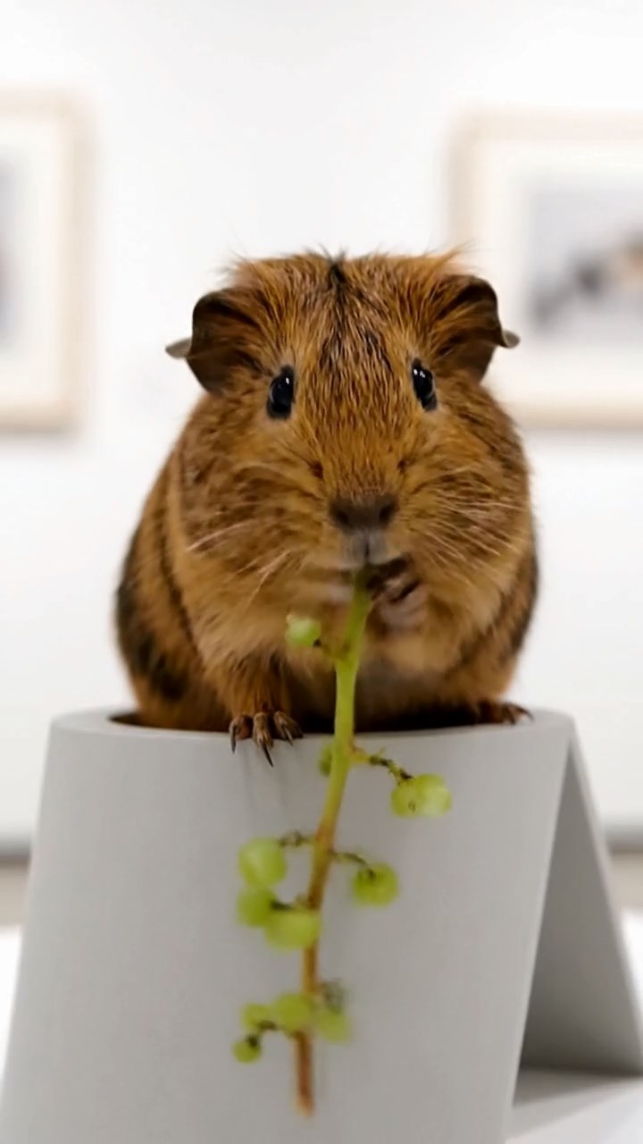 1970. Realistic depiction of 1 smooth-haired Skinny guinea pig with brown fur, nibbling on grape stems, atop a gallery art stand.