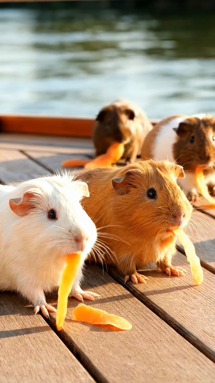 1971. Detailed scene of 4 smooth-haired American guinea pigs featuring cream, fawn, and chocolate coats, chewing on carrot peels, on a riverboat sundeck.