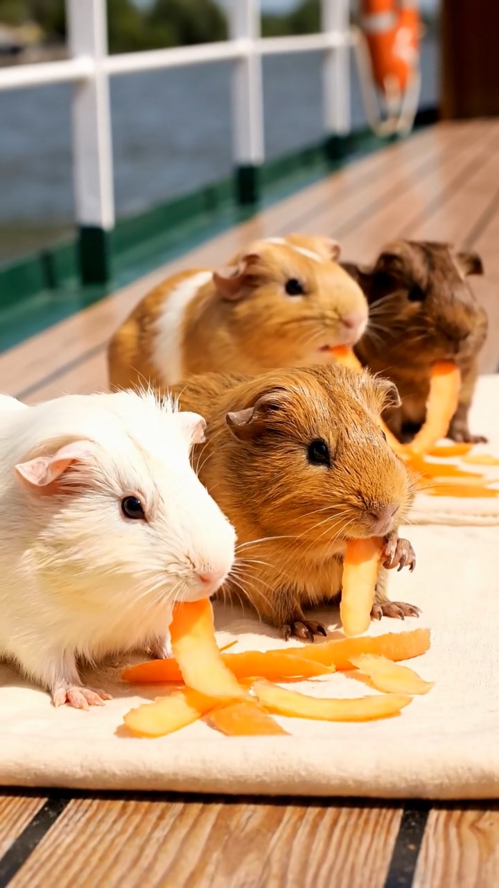 1971. Detailed scene of 4 smooth-haired American guinea pigs featuring cream, fawn, and chocolate coats, chewing on carrot peels, on a riverboat sundeck.
