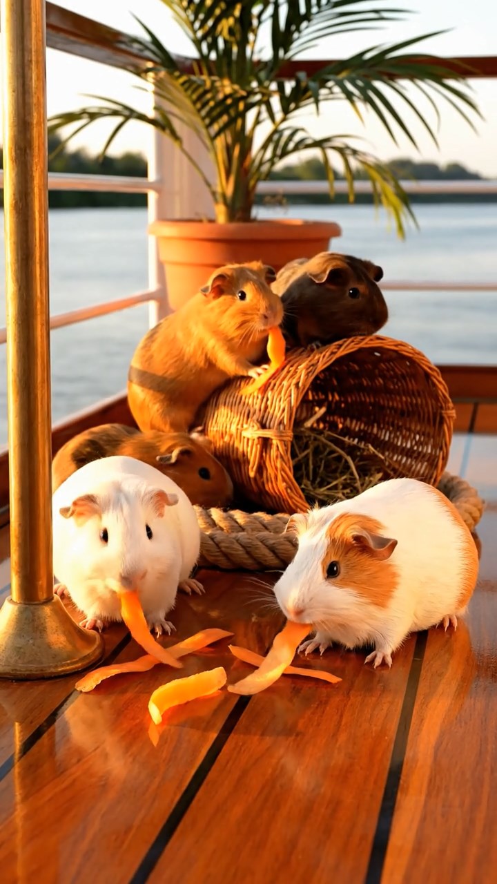 1971. Detailed scene of 4 smooth-haired American guinea pigs featuring cream, fawn, and chocolate coats, chewing on carrot peels, on a riverboat sundeck.