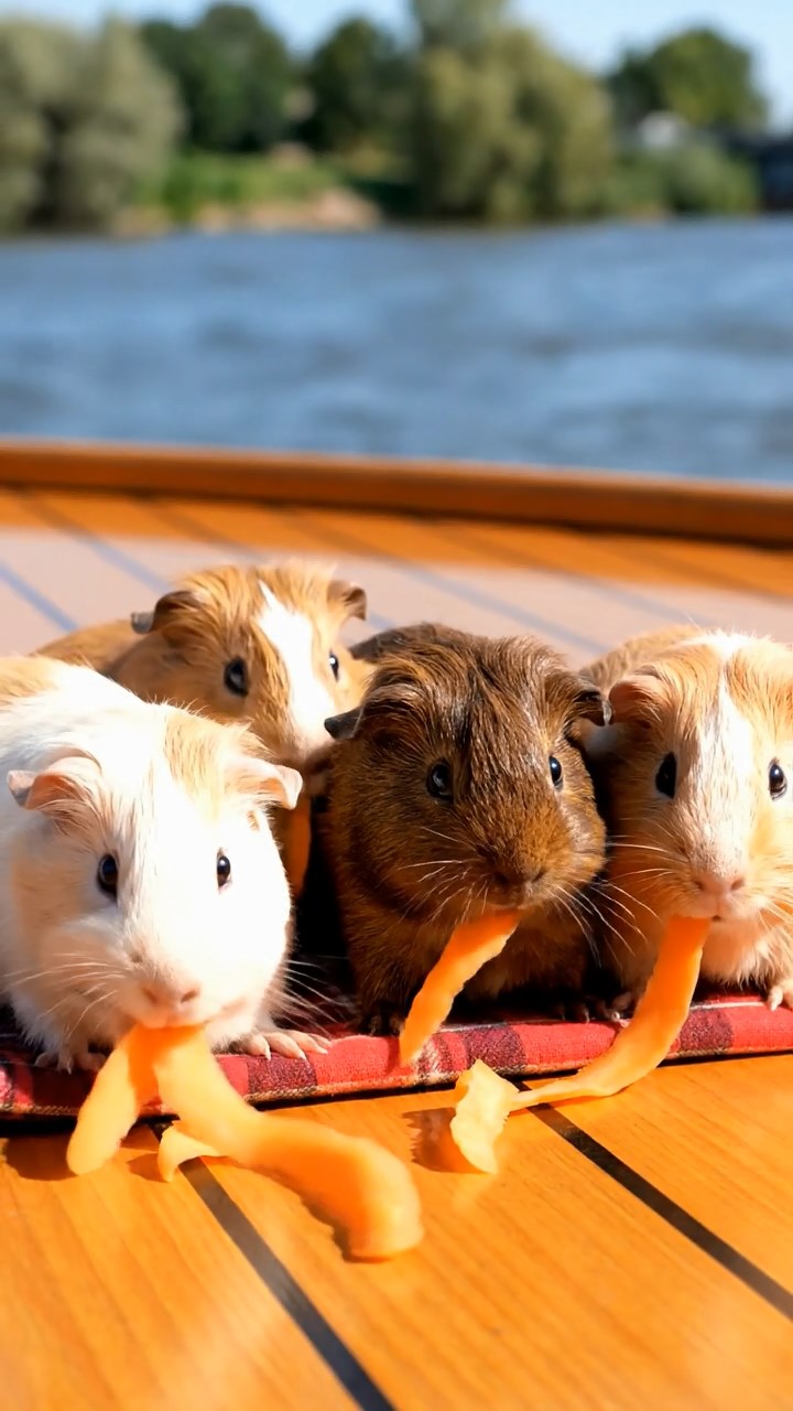 1971. Detailed scene of 4 smooth-haired American guinea pigs featuring cream, fawn, and chocolate coats, chewing on carrot peels, on a riverboat sundeck.