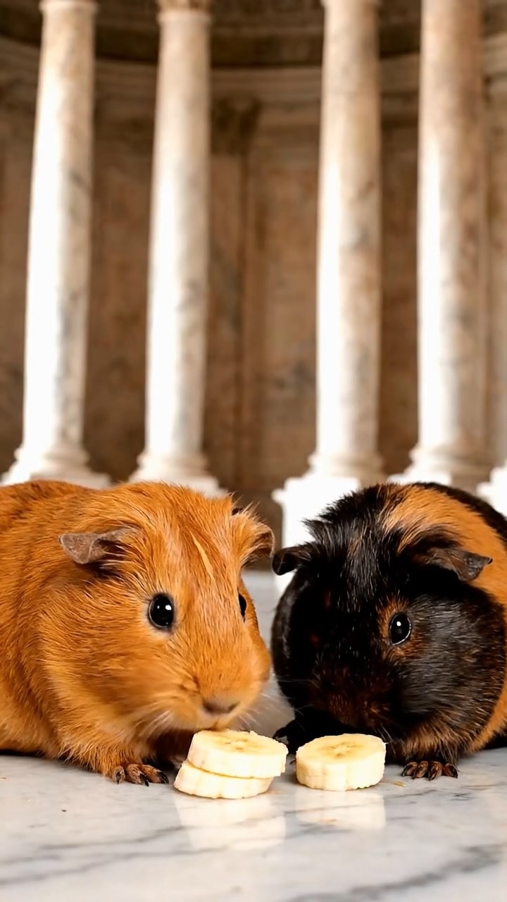 1972. Photorealistic photo of 2 smooth-haired Abyssinian guinea pigs with cinnamon and sable fur, sharing banana slices, inside a historic hall with columns.