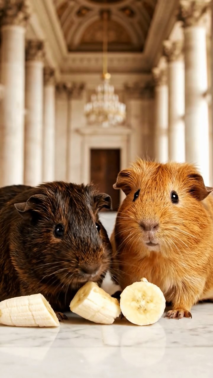 1972. Photorealistic photo of 2 smooth-haired Abyssinian guinea pigs with cinnamon and sable fur, sharing banana slices, inside a historic hall with columns.