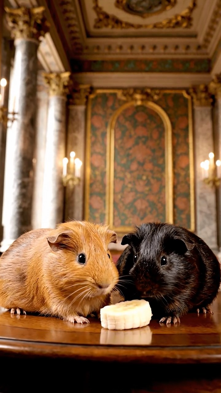 1972. Photorealistic photo of 2 smooth-haired Abyssinian guinea pigs with cinnamon and sable fur, sharing banana slices, inside a historic hall with columns.