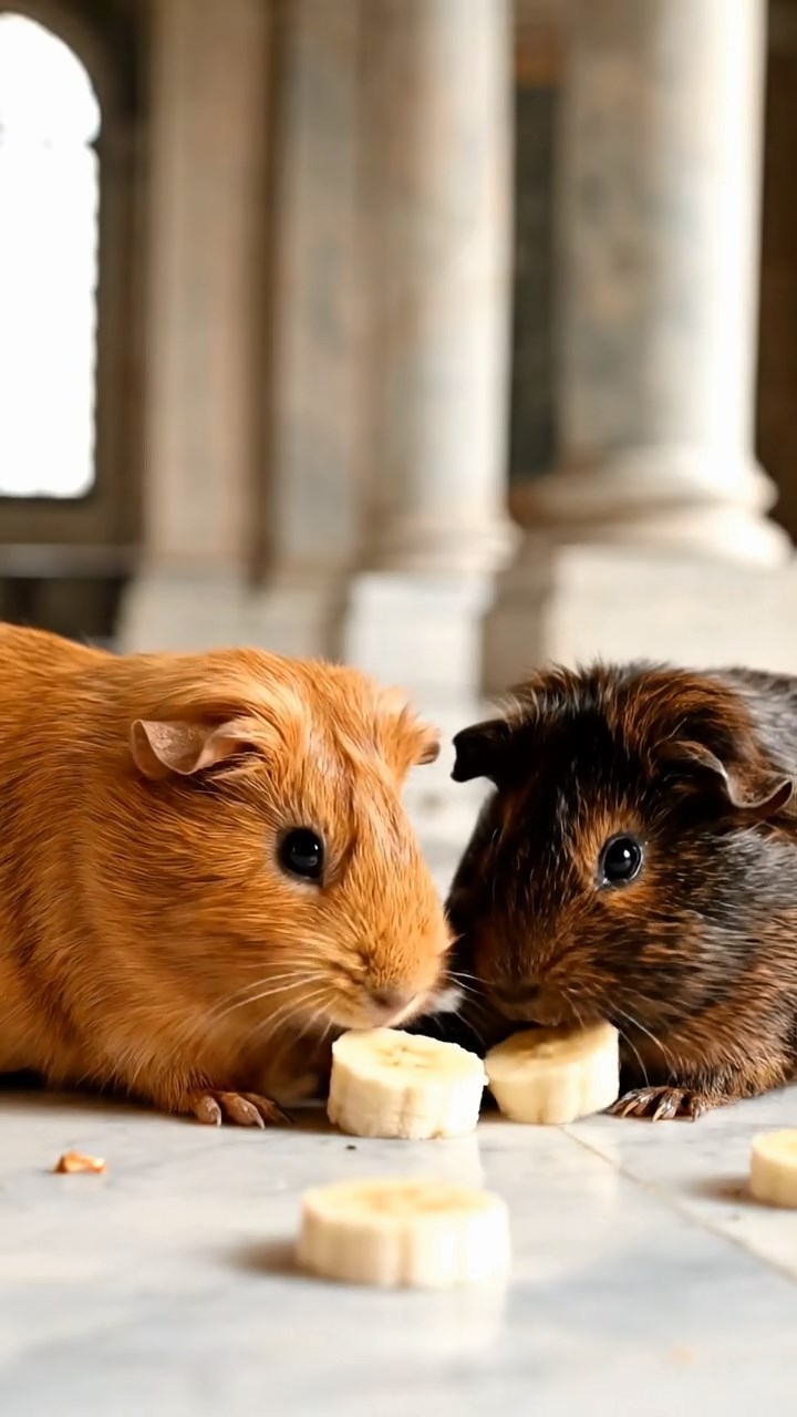 1972. Photorealistic photo of 2 smooth-haired Abyssinian guinea pigs with cinnamon and sable fur, sharing banana slices, inside a historic hall with columns.
