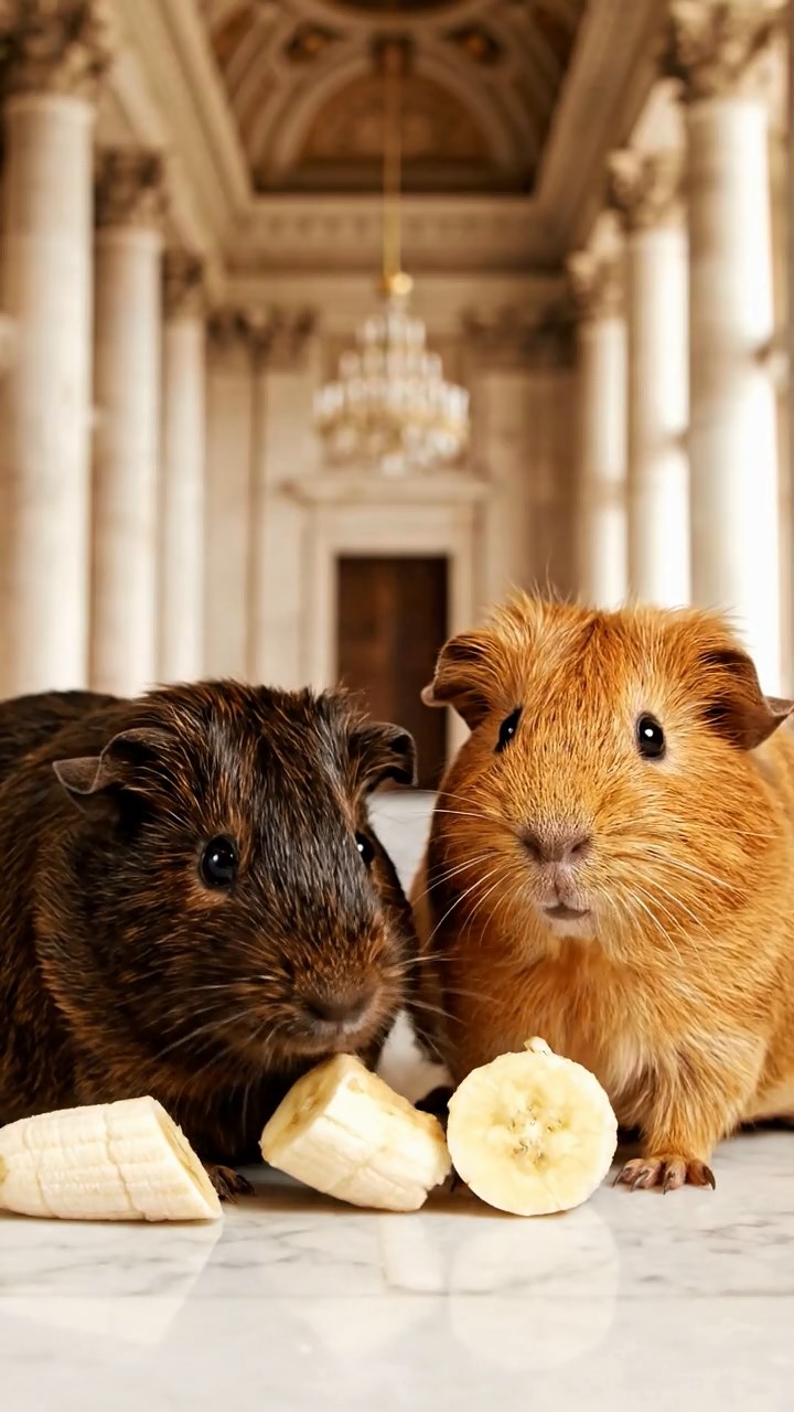 1972. Photorealistic photo of 2 smooth-haired Abyssinian guinea pigs with cinnamon and sable fur, sharing banana slices, inside a historic hall with columns.