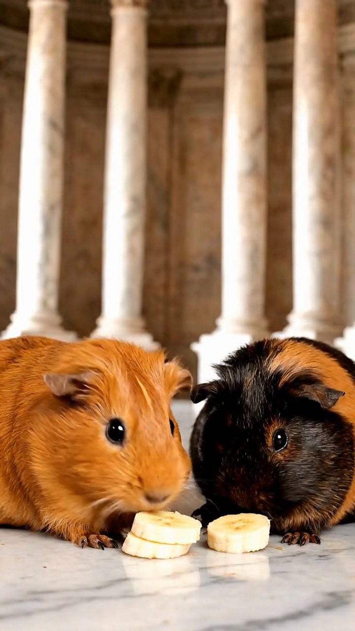 1972. Photorealistic photo of 2 smooth-haired Abyssinian guinea pigs with cinnamon and sable fur, sharing banana slices, inside a historic hall with columns.