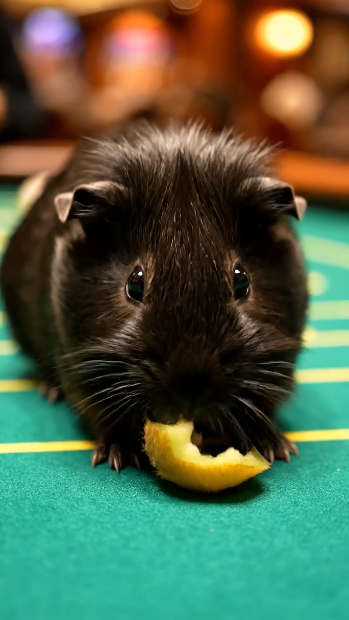 1974. Highly detailed view of 1 smooth-haired Silkie guinea pig with black fur, eating kiwi peels, on a casino game table.