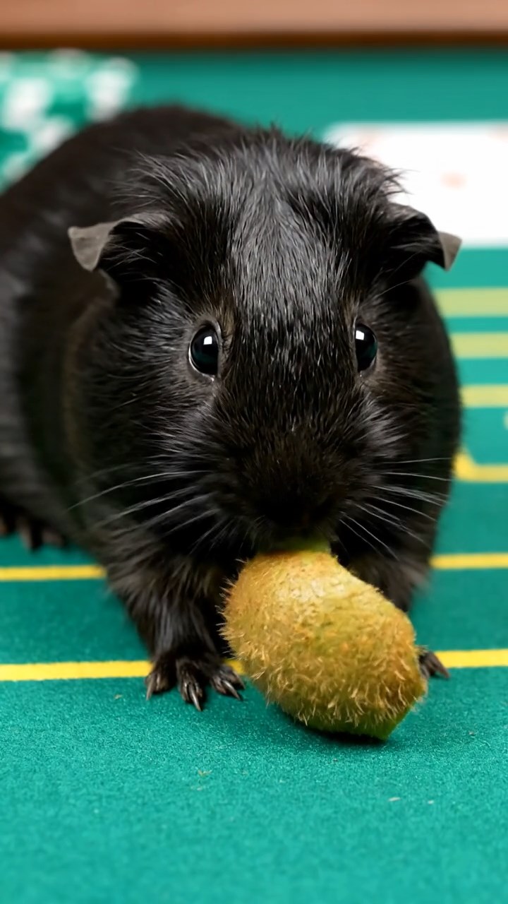 1974. Highly detailed view of 1 smooth-haired Silkie guinea pig with black fur, eating kiwi peels, on a casino game table.