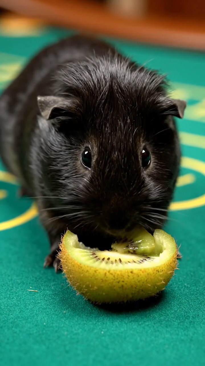 1974. Highly detailed view of 1 smooth-haired Silkie guinea pig with black fur, eating kiwi peels, on a casino game table.