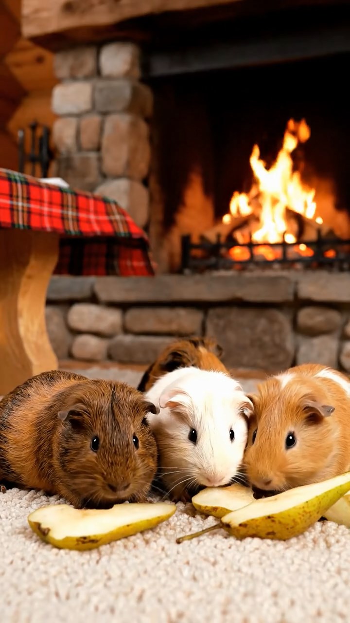 1975. Photorealistic scene of 5 smooth-haired Teddy guinea pigs in brown, cream, and fawn colors, nibbling on pear skins, in a ski cabin by the fire.