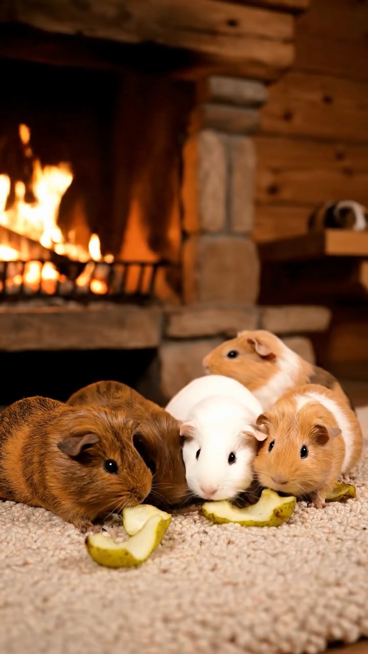 1975. Photorealistic scene of 5 smooth-haired Teddy guinea pigs in brown, cream, and fawn colors, nibbling on pear skins, in a ski cabin by the fire.
