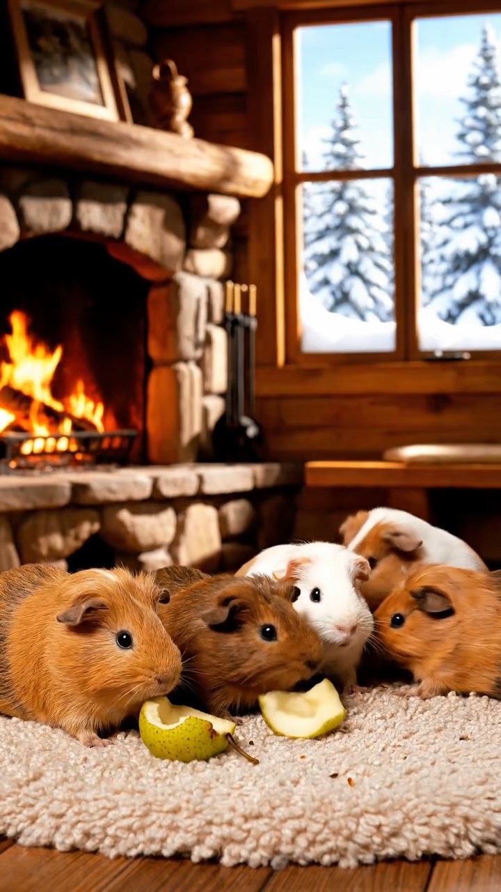 1975. Photorealistic scene of 5 smooth-haired Teddy guinea pigs in brown, cream, and fawn colors, nibbling on pear skins, in a ski cabin by the fire.