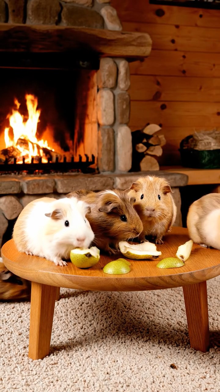 1975. Photorealistic scene of 5 smooth-haired Teddy guinea pigs in brown, cream, and fawn colors, nibbling on pear skins, in a ski cabin by the fire.