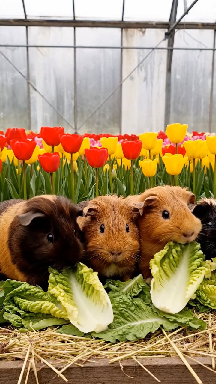 1976. Realistic depiction of 4 smooth-haired Texel guinea pigs with chocolate, cinnamon, and sable fur, chewing on romaine salads, among tulip greenhouse beds.