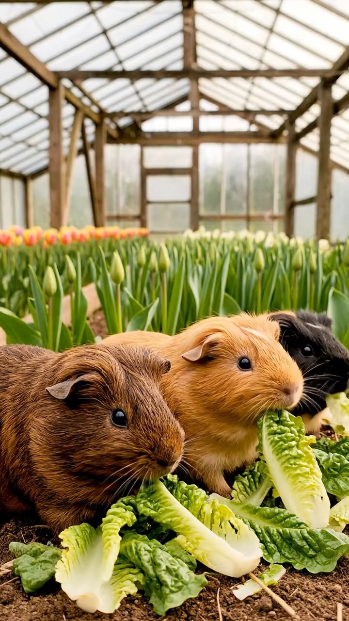 1976. Realistic depiction of 4 smooth-haired Texel guinea pigs with chocolate, cinnamon, and sable fur, chewing on romaine salads, among tulip greenhouse beds.