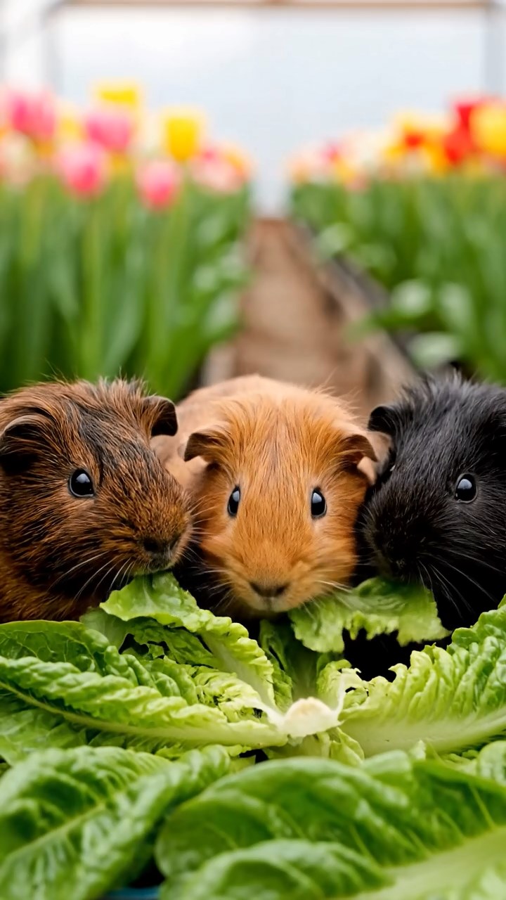 1976. Realistic depiction of 4 smooth-haired Texel guinea pigs with chocolate, cinnamon, and sable fur, chewing on romaine salads, among tulip greenhouse beds.