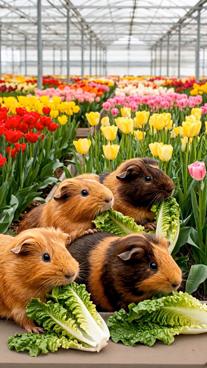 1976. Realistic depiction of 4 smooth-haired Texel guinea pigs with chocolate, cinnamon, and sable fur, chewing on romaine salads, among tulip greenhouse beds.