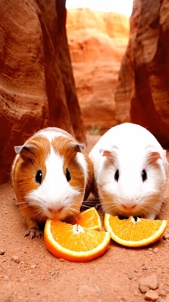 1977. Detailed photo of 2 smooth-haired Rex guinea pigs featuring white and orange coats, sharing orange slices, along a tight canyon trail.
