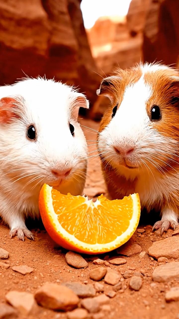 1977. Detailed photo of 2 smooth-haired Rex guinea pigs featuring white and orange coats, sharing orange slices, along a tight canyon trail.