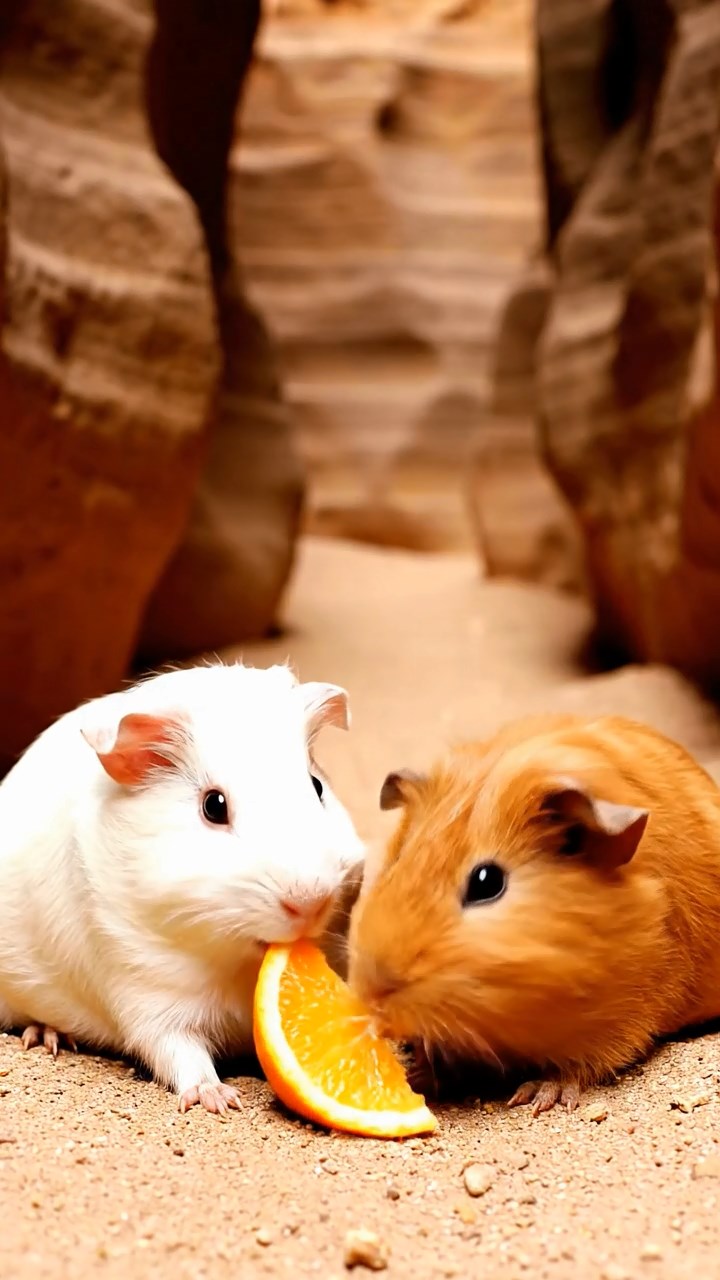 1977. Detailed photo of 2 smooth-haired Rex guinea pigs featuring white and orange coats, sharing orange slices, along a tight canyon trail.