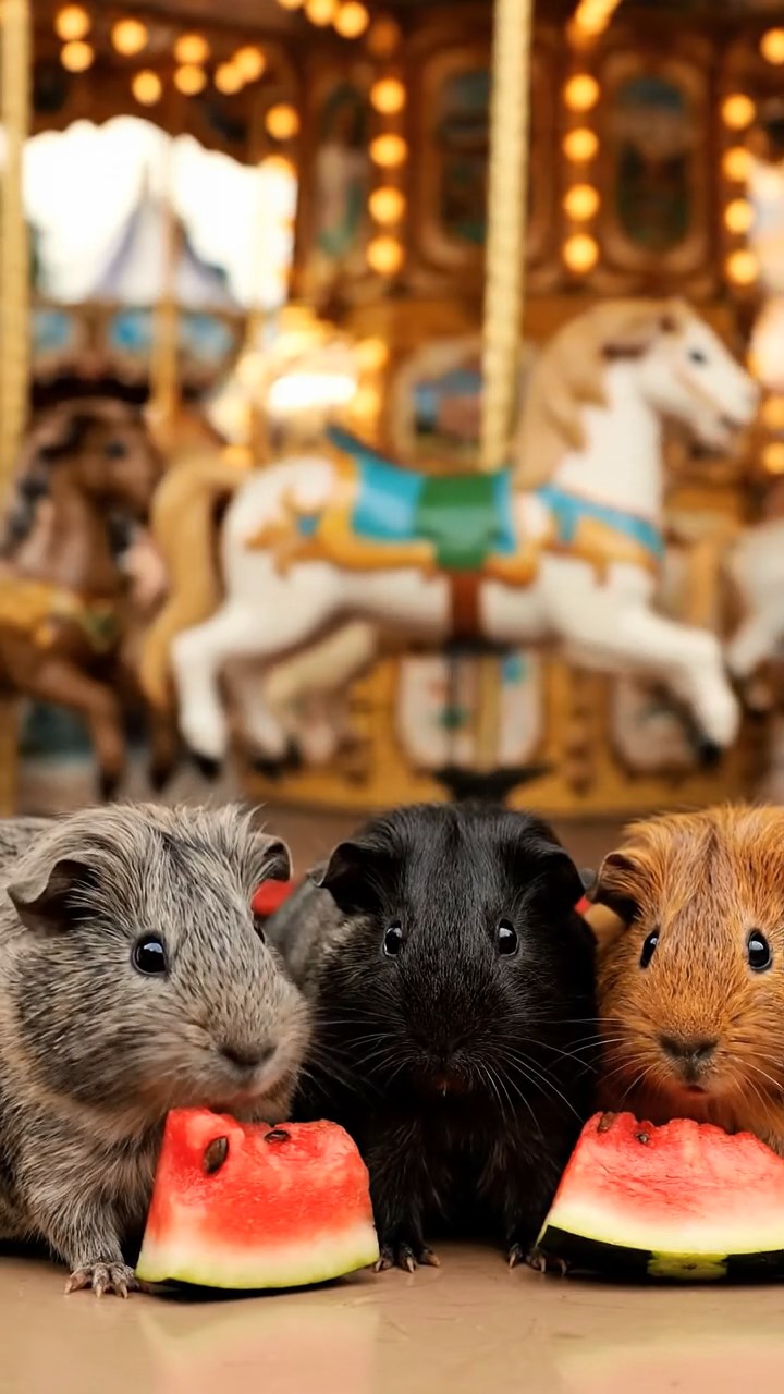 1978. Photorealistic image of 3 smooth-haired Coronet guinea pigs with gray, black, and brown fur, munching on watermelon chunks, on a park carousel ride.