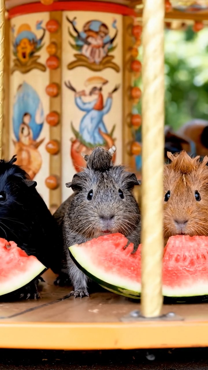 1978. Photorealistic image of 3 smooth-haired Coronet guinea pigs with gray, black, and brown fur, munching on watermelon chunks, on a park carousel ride.