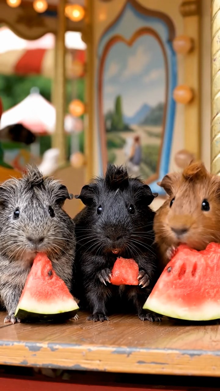 1978. Photorealistic image of 3 smooth-haired Coronet guinea pigs with gray, black, and brown fur, munching on watermelon chunks, on a park carousel ride.
