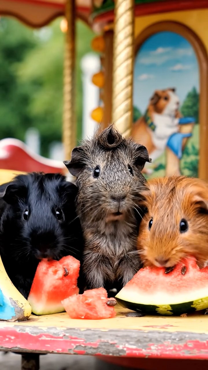1978. Photorealistic image of 3 smooth-haired Coronet guinea pigs with gray, black, and brown fur, munching on watermelon chunks, on a park carousel ride.