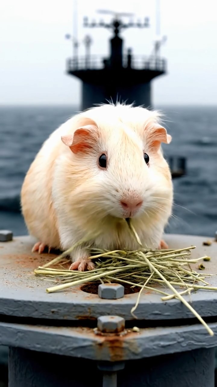 1979. Realistic scene of 1 smooth-haired White Crested guinea pig with cream fur, eating timothy hay, atop a sub tower hatch.