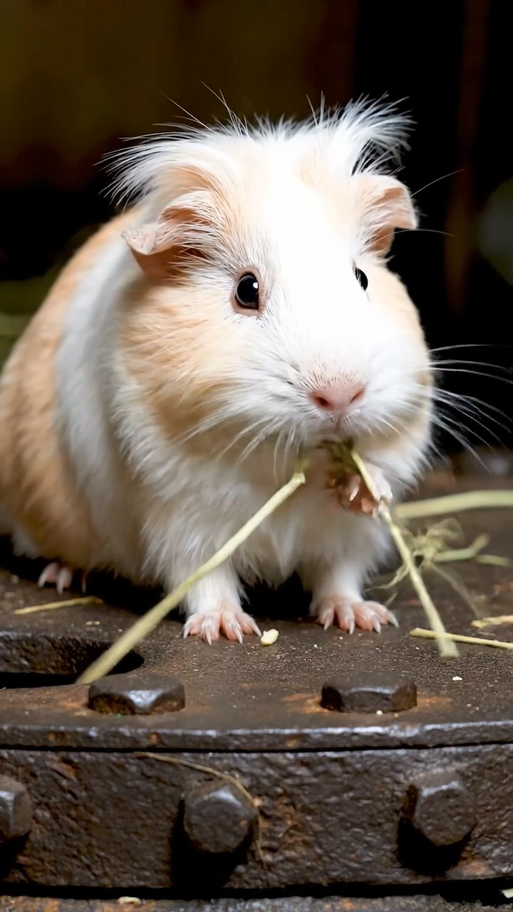 1979. Realistic scene of 1 smooth-haired White Crested guinea pig with cream fur, eating timothy hay, atop a sub tower hatch.