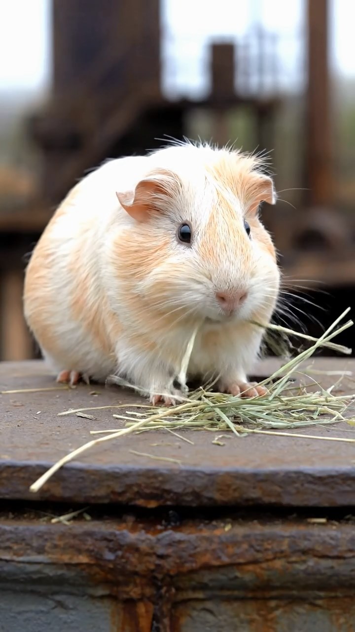1979. Realistic scene of 1 smooth-haired White Crested guinea pig with cream fur, eating timothy hay, atop a sub tower hatch.