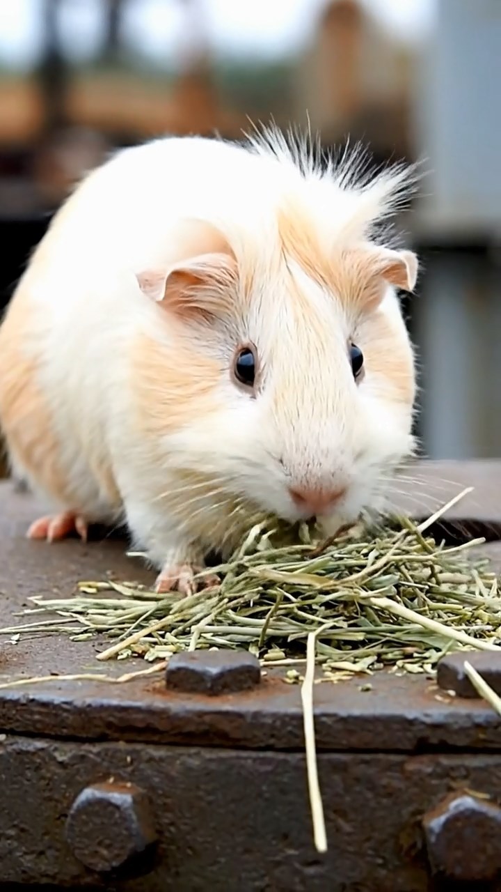 1979. Realistic scene of 1 smooth-haired White Crested guinea pig with cream fur, eating timothy hay, atop a sub tower hatch.