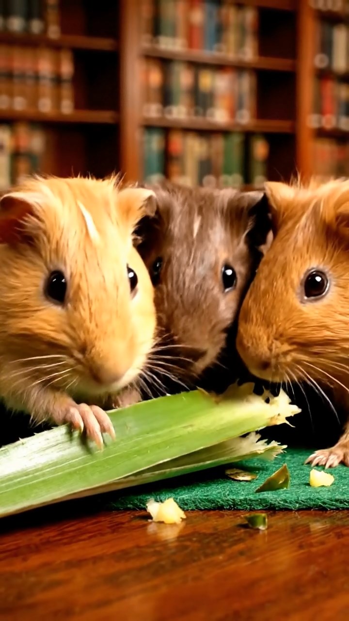 1980. Highly detailed view of 4 smooth-haired Skinny guinea pigs in fawn, chocolate, and cinnamon colors, nibbling on pineapple leaves, in a library special room.