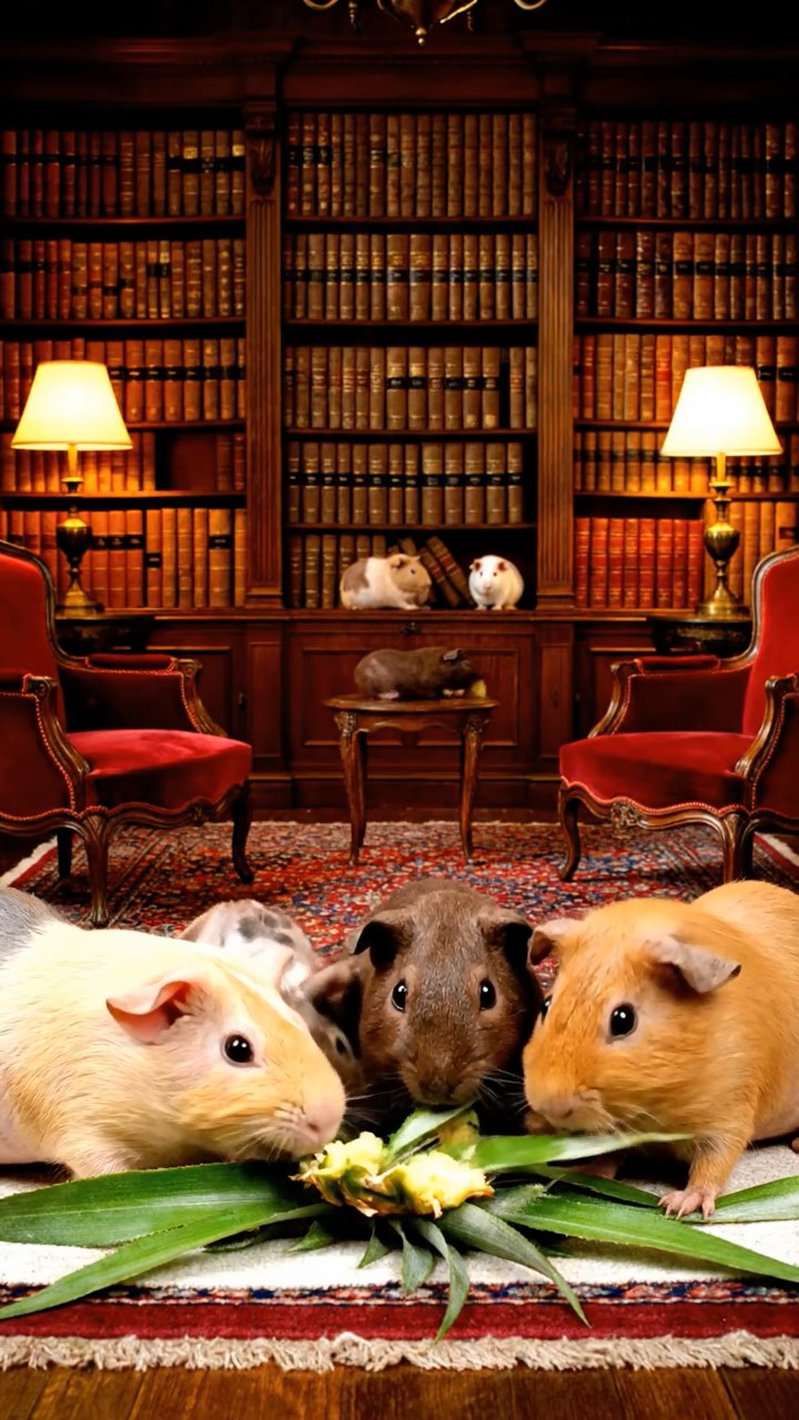 1980. Highly detailed view of 4 smooth-haired Skinny guinea pigs in fawn, chocolate, and cinnamon colors, nibbling on pineapple leaves, in a library special room.